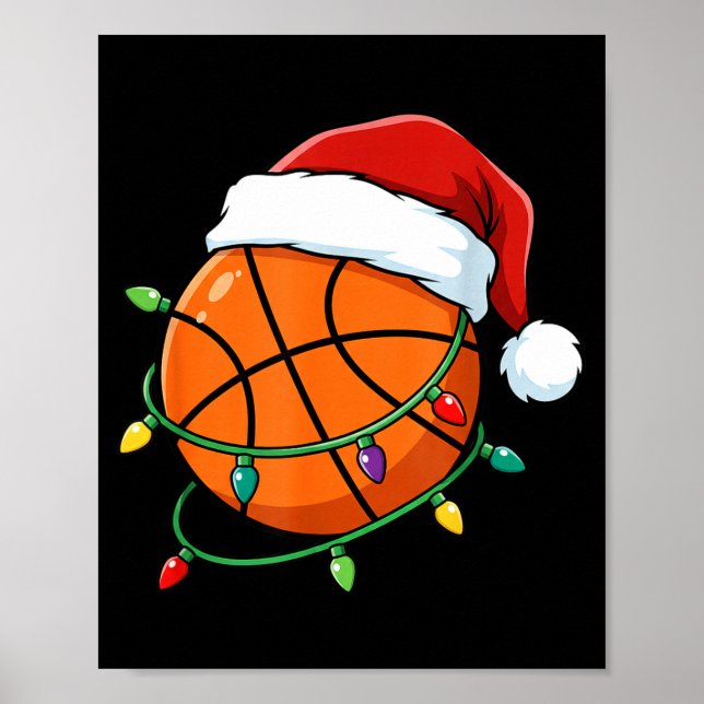 Poster Christmas Basketball Santa Hat Wrapped In Lights H (Frente)