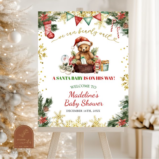 Poster Christmas Bear Santa Boy Baby Shower Welcome Sign (Criador carregado)