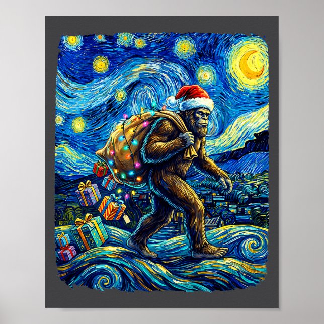 Poster Christmas Bigfoot Santa Hat Van Gogh Starry Night  (Frente)