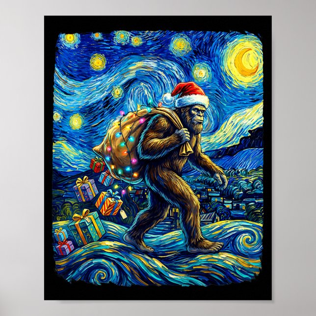 Poster Christmas Bigfoot Santa Hat Van Gogh Starry Night  (Frente)