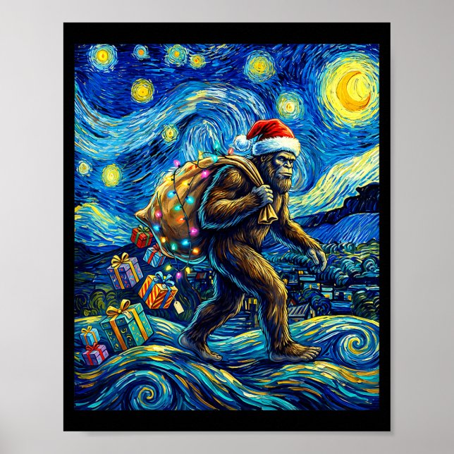 Poster Christmas Bigfoot Santa Hat Van Gogh Walking In St (Frente)