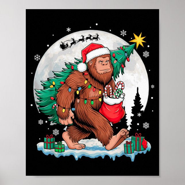 Poster Christmas Bigfoot Santa Tree Sleigh Moon Funny Xma (Frente)