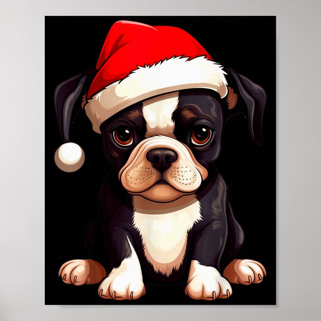 Poster Christmas Boston Terrier Dog Santa Hat Funny Xmas  (Frente)