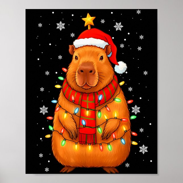 Poster Christmas Capybara With Santa Hat Xmas Lights Tree (Frente)