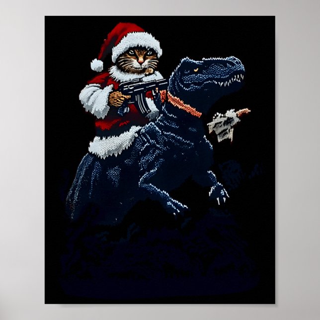 Poster Christmas Cat In Santa Hat Holding A Gun And Dinos (Frente)