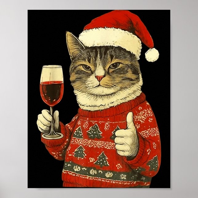 Poster Christmas Cat Likes Cute Cat Drinking Wine With Sa (Frente)