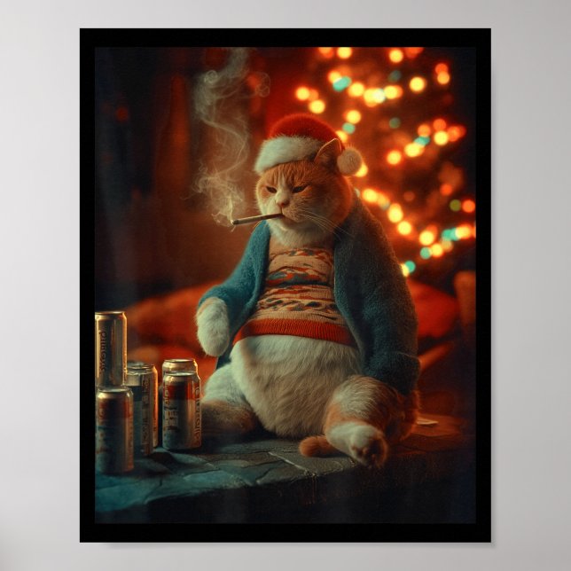 Poster Christmas Cat Smoking Cigarette Meme Gen Z  (Frente)