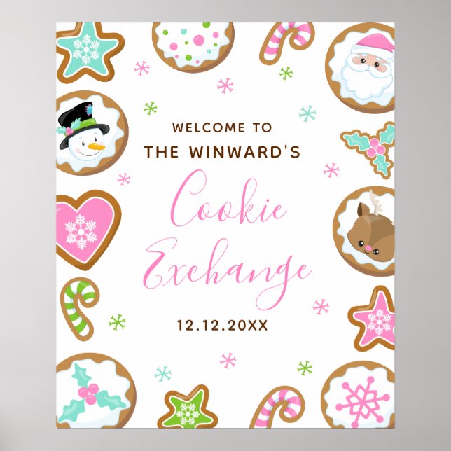 Poster Christmas Cookie Exchange Pink Green Welcome Sign (Frente)