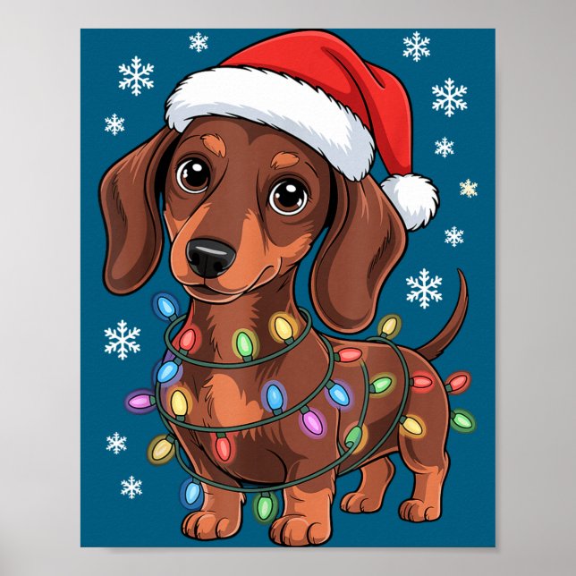 Poster Christmas Dachshund Lights Santa Hat Holiday Dog L (Frente)