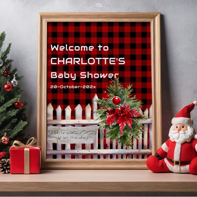 Poster Christmas Fence Buffalo Plaid Baby Shower Welcome (Criador carregado)