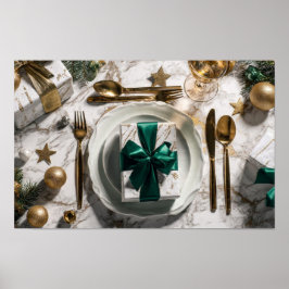Poster Christmas Gift Box with Green Ribbon on Festive Ta