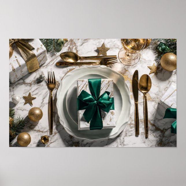 Poster Christmas Gift Box with Green Ribbon on Festive Ta (Frente)