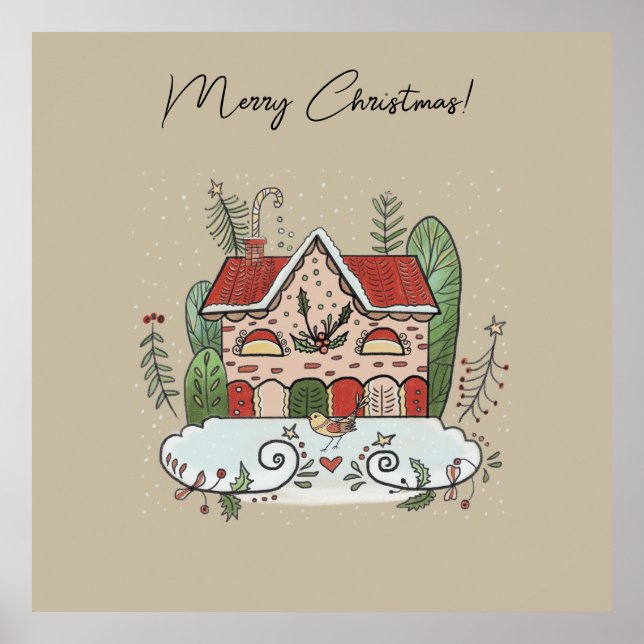 Poster Christmas Gingerbread House Bird Winter  (Frente)