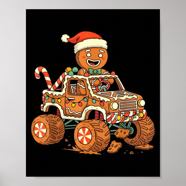 Poster Christmas Gingerbread Man Driving Truck Xmas Light (Frente)