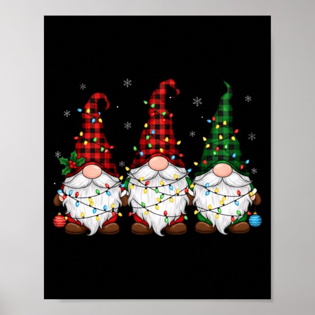 Poster Christmas Gnome Trio Buffalo Plaid Lights Cute Xma (Frente)