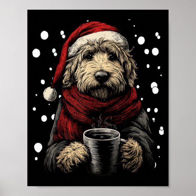 Poster Christmas Goldendoodle Santa Hat Coffee Lover Funn (Frente)