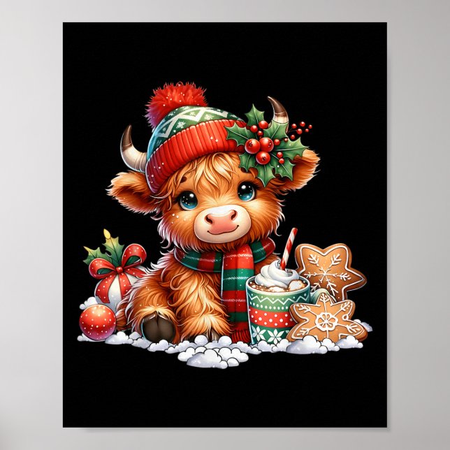 Poster Christmas Highland Cow Cute Heifer Cow Santa Hat M (Frente)