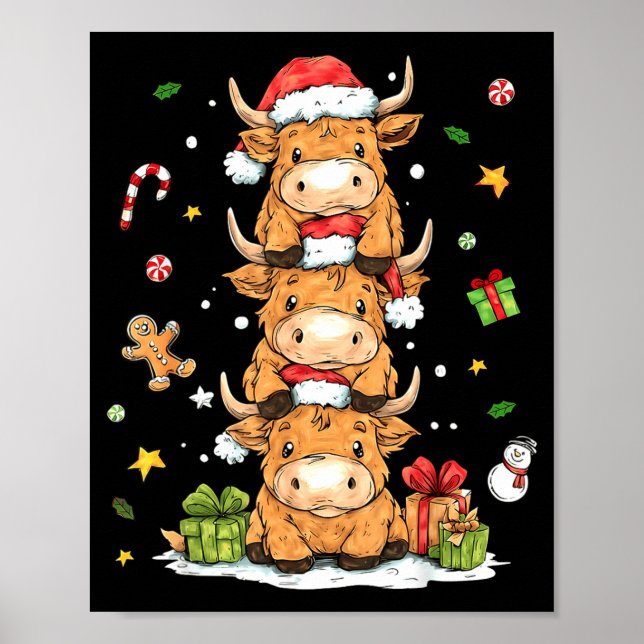 Poster Christmas Highland Cow Cute Heifer Cow Santa Hat M (Frente)