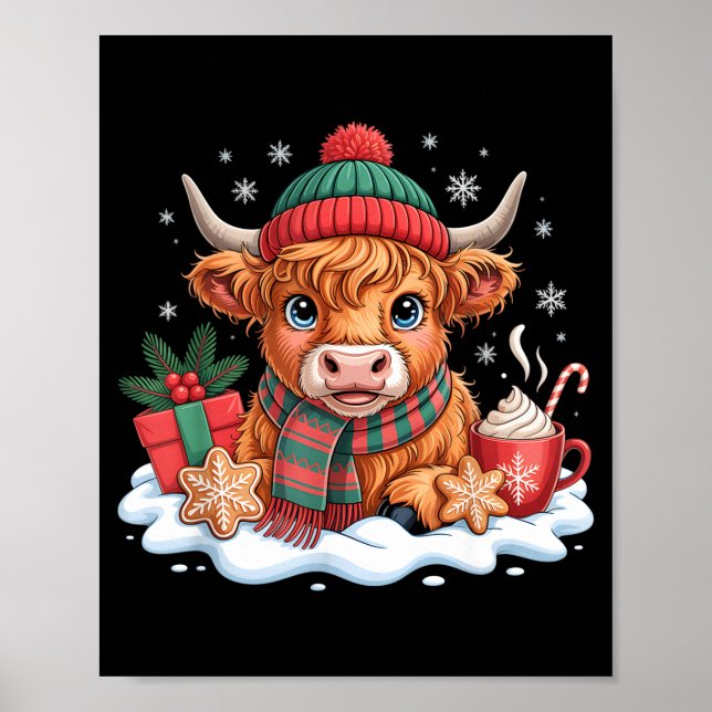 Poster Christmas Highland Cow Cute Heifer Cow Santa Hat M (Frente)