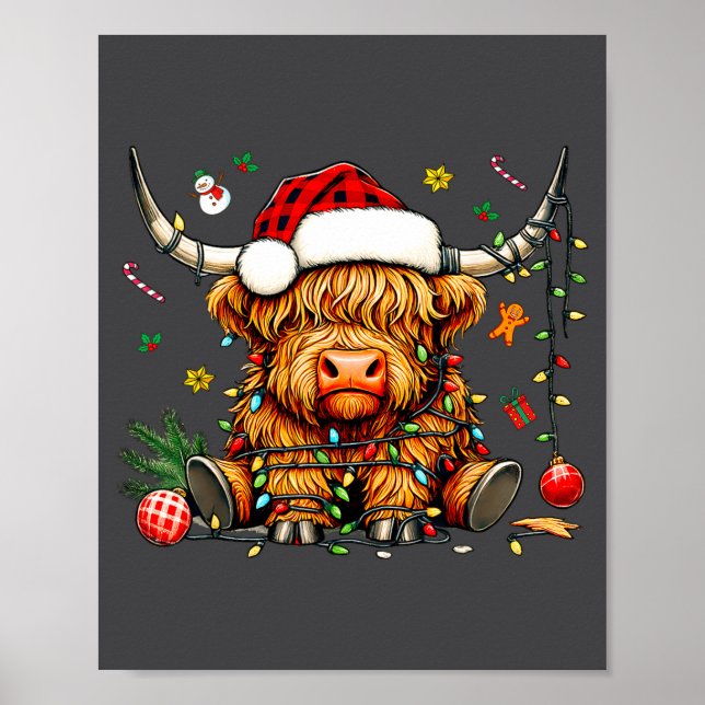 Poster Christmas Highland Cow Xmas Santa Hat Wooly Farm A (Frente)