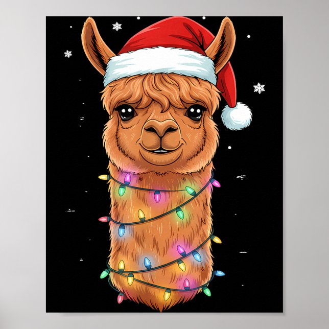 Poster Christmas Lights Alpaca Santa Hat Llama Cute Xmas  (Frente)