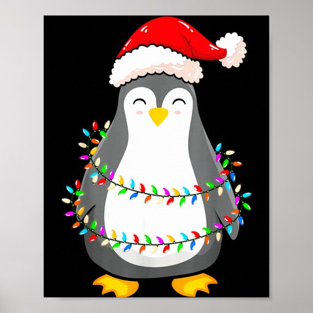 Poster Christmas Lights Penguin Wearing Xmas Hat - Pengui (Frente)