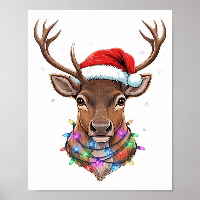 Poster Christmas Lights Reindeer Santa Hat Cute Xmas Paja (Frente)