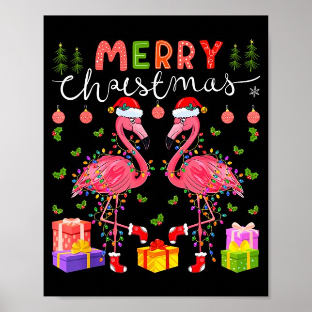 Poster Christmas Lights Xmas Flamingo Lover Santa Hat Fla (Frente)