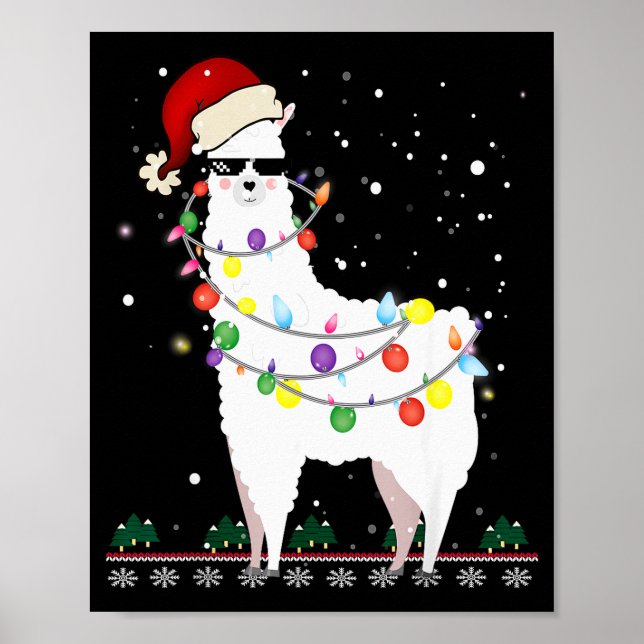 Poster Christmas Llama Santa Hat Ugly Xmas Tree Alpaca Gi (Frente)