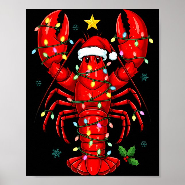 Poster Christmas Lobster With Santa Hat Funny Holiday  (Frente)