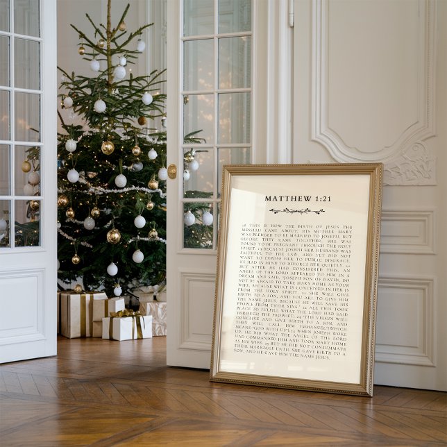 Poster Christmas Nativity Story Matthew 1:21 Print (Against the wall, there is a framed Christian scripture print about nativity story Matthew 1:21.)