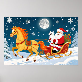 Poster Christmas, New Year, Red Horse, Santa & White Cat
