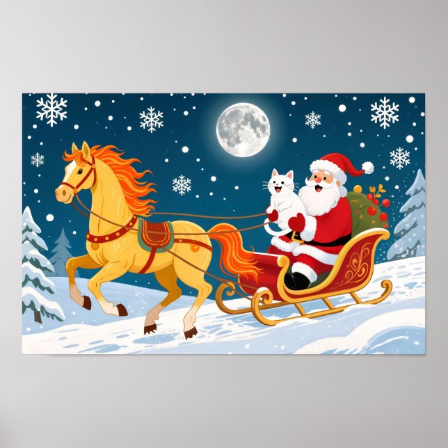 Poster Christmas, New Year, Red Horse, Santa & White Cat (Frente)