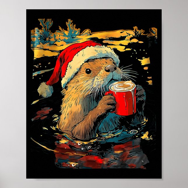 Poster Christmas Otter Drinks Coffee Art Print  (Frente)