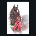 Pôster Christmas Pony<br><div class="desc">Christmas Pony - a dark bay wearing a wreath with a red bow and jingle bells,  with snow falling. A precious Christmas time image suitable for Christmas decor in a horsey home or a tack room.</div>