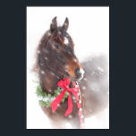 Pôster Christmas Pony<br><div class="desc">Christmas Pony - a dark bay wearing a wreath with a red bow and jingle bells,  with snow falling. A precious Christmas time image suitable for Christmas decor in a horsey home or a tack room.</div>