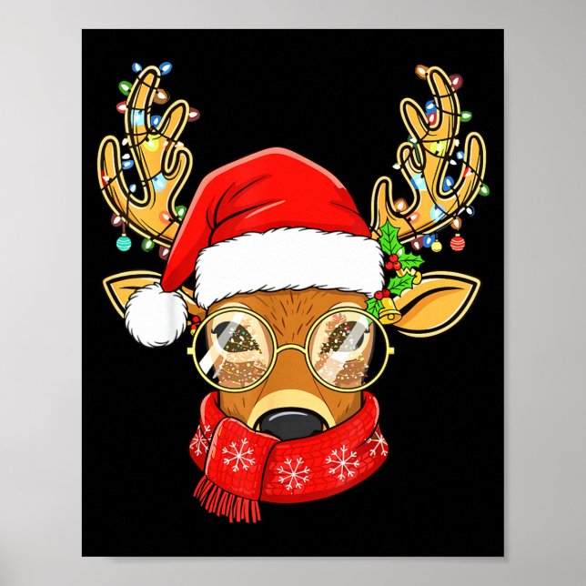 Poster Christmas Reindeer Lights Gles Santa Hat Deer Xmas (Frente)