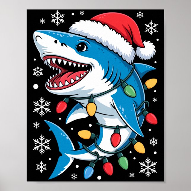 Poster Christmas Shark Santa Hat Wrapped Lights Holiday S (Frente)