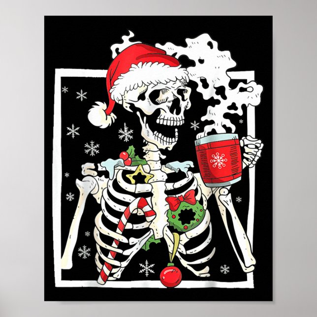 Poster Christmas Skeleton With Smiling Skull Drinking Cof (Frente)