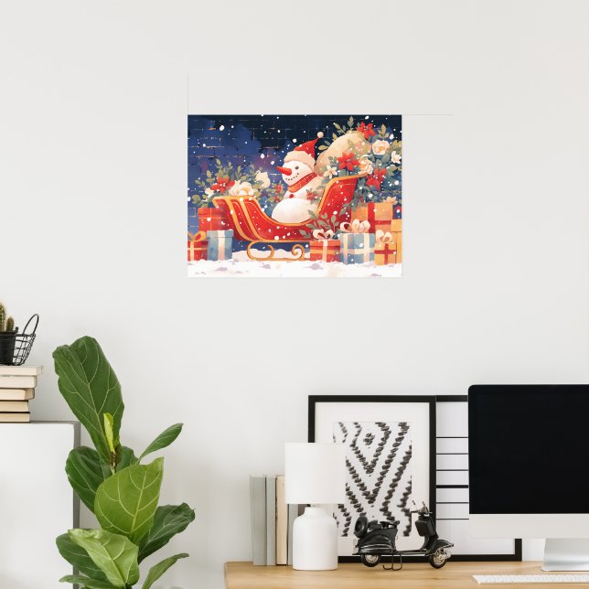 Poster Christmas Sleigh with Gifts and Snowman (Escritório em casa)