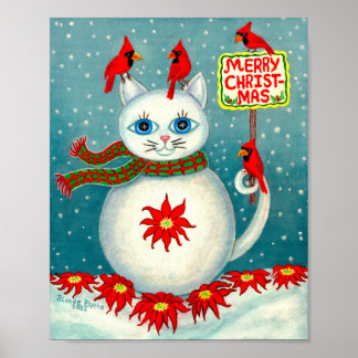 Poster Christmas Snowcat Cardinal Bird Snowman Poinsettia