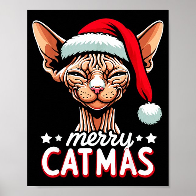 Poster Christmas Sphynx Cat Merry Catmas Santa Hat Xmas  (Frente)