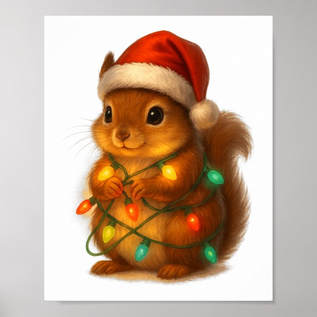 Poster Christmas Squirrel Santa Hat Wrapped In Lights Fun (Frente)