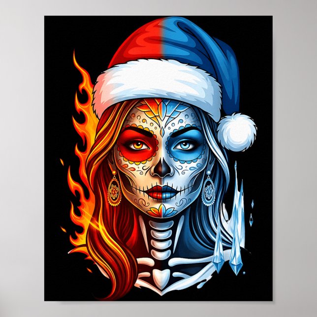 Poster Christmas Sugar Skull Art Woman Santa Hat Fantasy  (Frente)