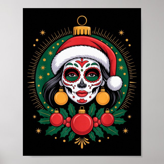 Poster Christmas Sugar Skull Art Woman Santa Hat Festive  (Frente)