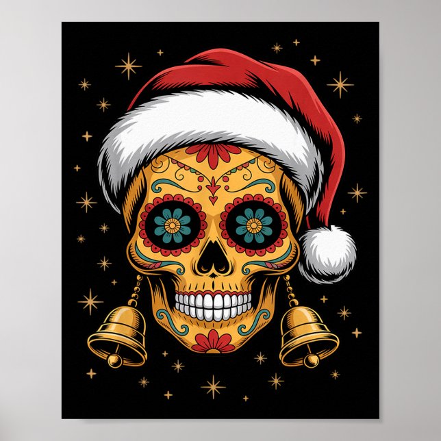 Poster Christmas Sugar Skull Art Woman Santa Hat Festive  (Frente)