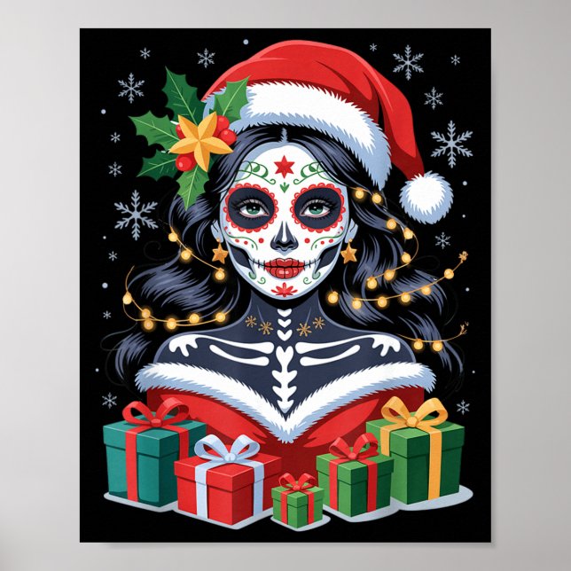 Poster Christmas Sugar Skull Art Woman Santa Hat Festive  (Frente)
