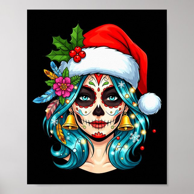 Poster Christmas Sugar Skull Art Woman Santa Hat Festive  (Frente)