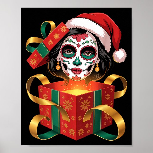 Poster Christmas Sugar Skull Art Woman Santa Hat Festive  (Frente)