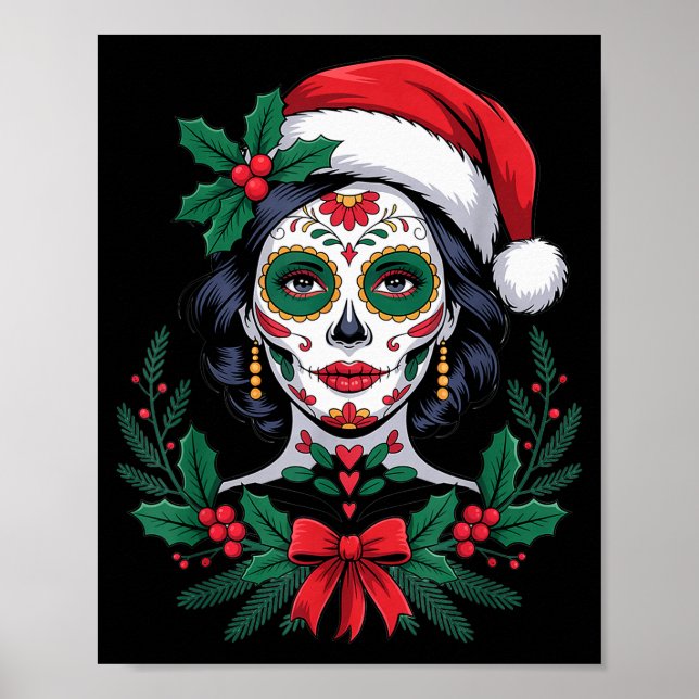 Poster Christmas Sugar Skull Art Woman Santa Hat Festive  (Frente)